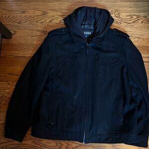 Guess men’s wool lined black hooded jacket XL 2outside/inside pockets